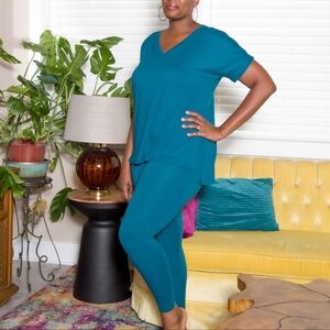 Teal V-neck Casual Legging Set